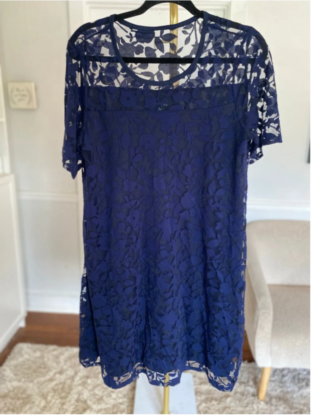 Nina Leonard Navy Lace Midi Dress Quiet Luxury Romantic Parisian L Old Money